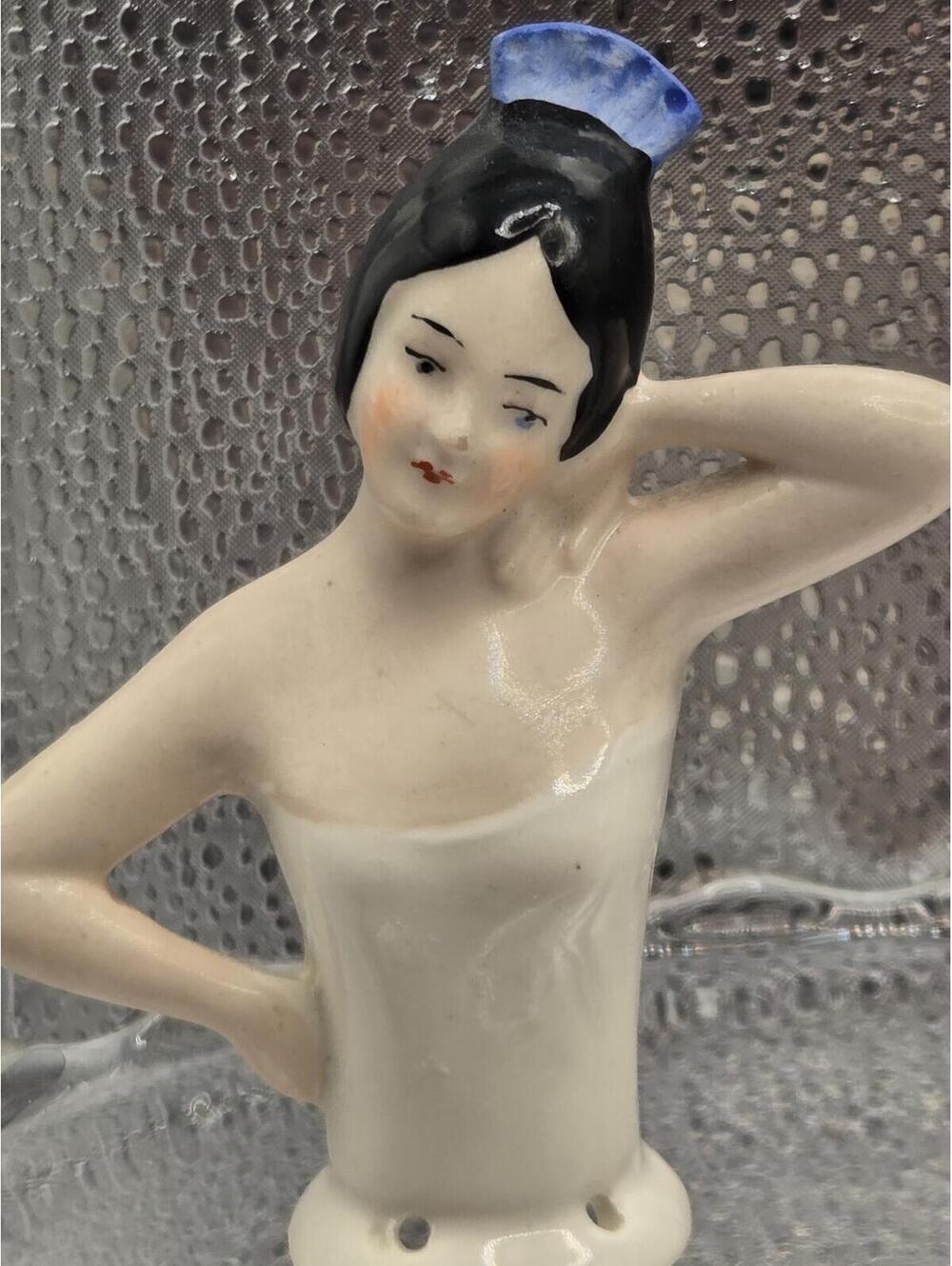 4" Antique Germany Porcelain Half Doll Fan Comb In Black Hair